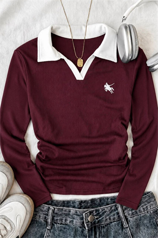 Bordo Olos Polo Yaka Nakışlı Büzgülü Uzun Kollu Bluz