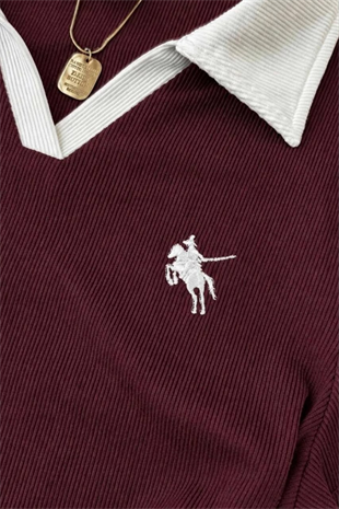 Bordo Olos Polo Yaka Nakışlı Büzgülü Uzun Kollu Bluz