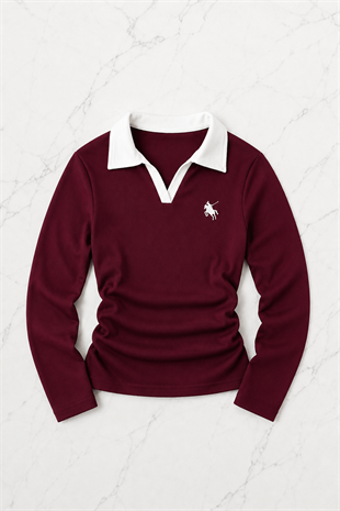 Bordo Olos Polo Yaka Nakışlı Büzgülü Uzun Kollu Bluz