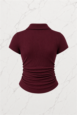 Bordo Polo Yaka Fitilli Likralı Bluz