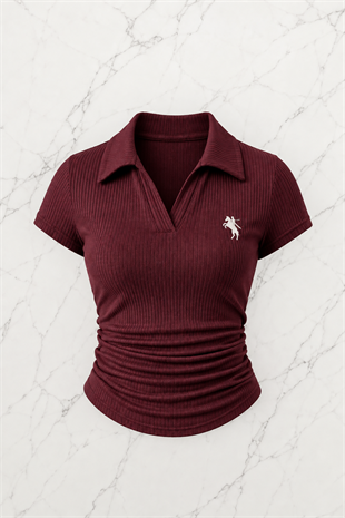 Bordo Polo Yaka Fitilli Likralı Bluz