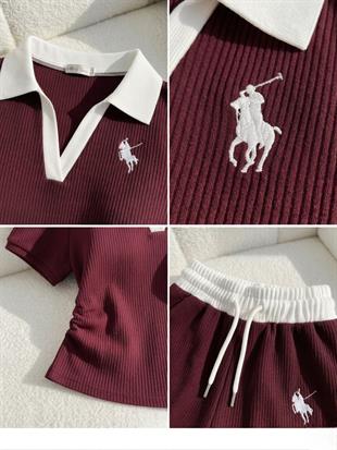 Bordo Polo Yaka Fitilli Likralı Premium Eşofman Takımı