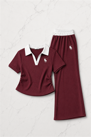 Bordo Polo Yaka Fitilli Likralı Premium Eşofman Takımı
