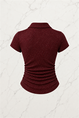 Bordo Simli Polo Yaka Büzgülü Bluz