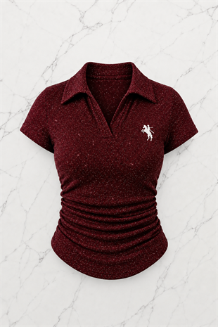 Bordo Simli Polo Yaka Büzgülü Bluz
