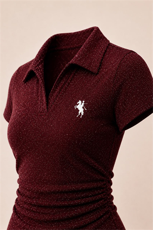 Bordo Simli Polo Yaka Büzgülü Bluz