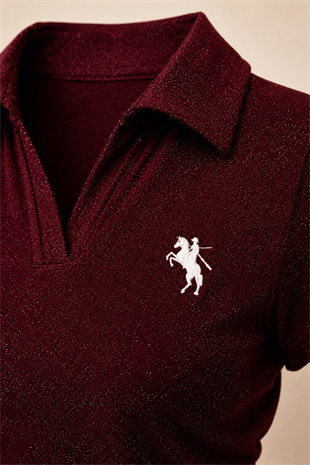 Bordo Simli Polo Yaka Büzgülü Bluz