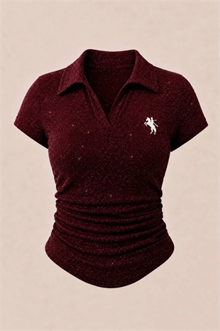Bordo Simli Polo Yaka Büzgülü Bluz