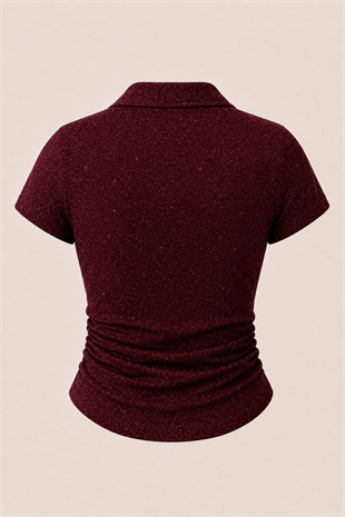 Bordo Simli Polo Yaka Büzgülü Bluz