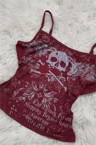 Bordo Skull Ambition Gotik Rose Y2K Askılı Crop