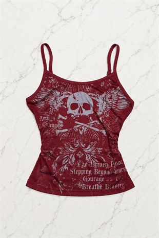 Bordo Skull Ambition Gotik Rose Y2K Askılı Crop