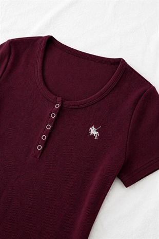 Bordo Soft Detaylı Nakışlı Çıtçıtlı Bluz