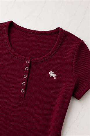 Bordo Soft Detaylı Nakışlı Çıtçıtlı Bluz