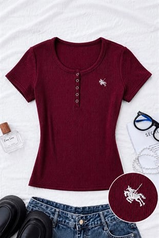 Bordo Soft Detaylı Nakışlı Çıtçıtlı Bluz