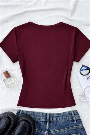 Bordo Soft Detaylı Nakışlı Çıtçıtlı Bluz