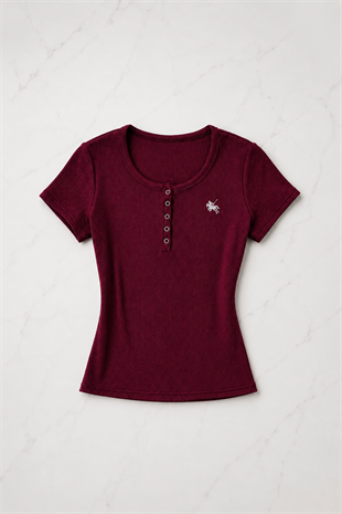 Bordo Soft Detaylı Nakışlı Çıtçıtlı Bluz