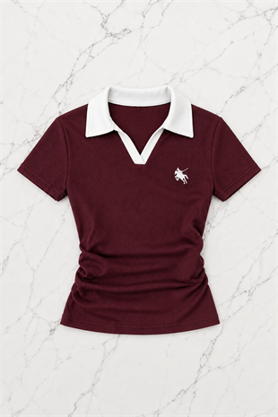 Bordo Solo Polo Yaka Beyaz Yakalı Bluz