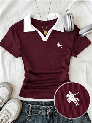 Bordo Solo Polo Yaka Beyaz Yakalı Bluz