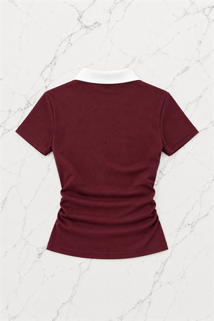 Bordo Solo Polo Yaka Beyaz Yakalı Bluz