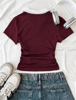Bordo Solo Polo Yaka Beyaz Yakalı Bluz