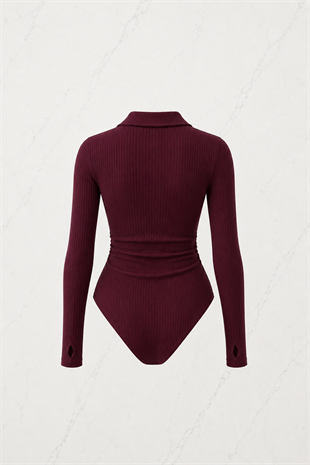 Bordo Steed Polo Yaka Parmak Geçirme Detaylı Bluz