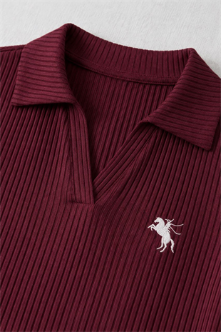 Bordo Steed Polo Yaka Parmak Geçirme Detaylı Bluz