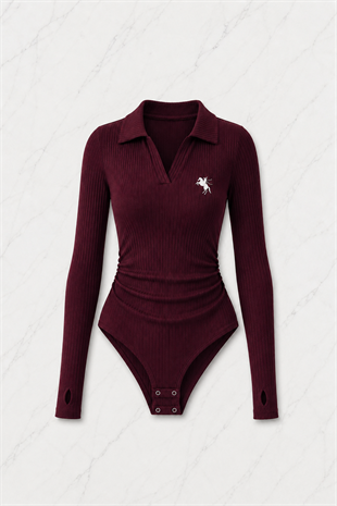 Bordo Steed Polo Yaka Parmak Geçirme Detaylı Bluz