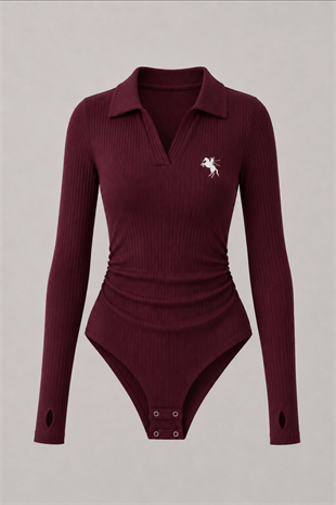 Bordo Steed Polo Yaka Parmak Geçirme Detaylı Bluz