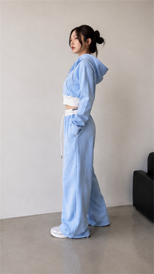 Buz Mavisi Crop Fermuarlı Hoodie & Bol Paça Baskılı Eşofman Takımı