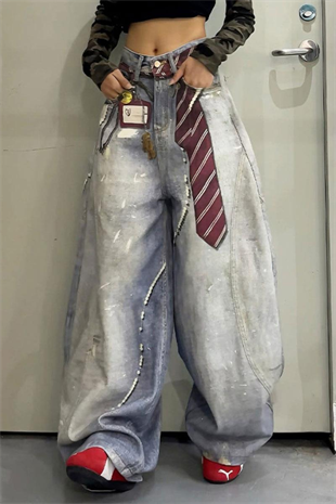 Buz Mavisi Kravat Baskılı Wide Leg Unisex Baggy Pantolon