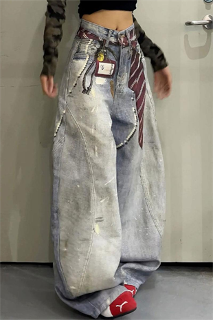 Buz Mavisi Kravat Baskılı Wide Leg Unisex Baggy Pantolon