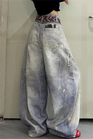 Buz Mavisi Kravat Baskılı Wide Leg Unisex Baggy Pantolon