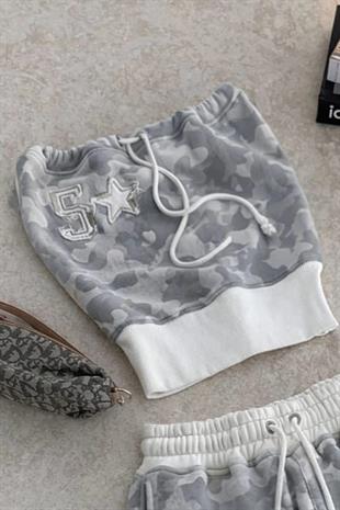 Camo Gri Kamuflaj Straplez Şort Alt Üst Takım
