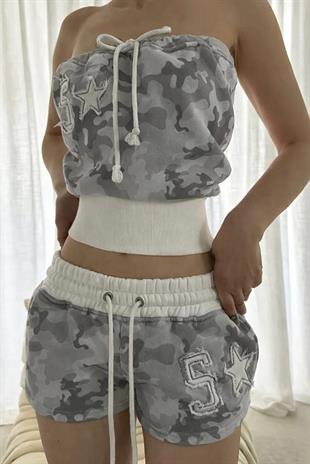 Camo Gri Kamuflaj Straplez Şort Alt Üst Takım
