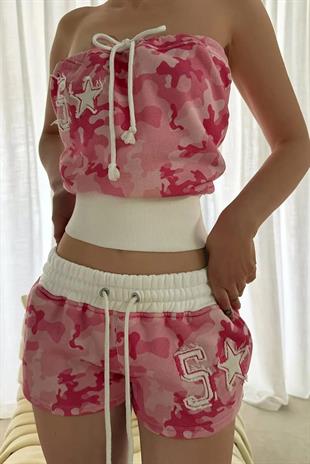 Camo Pembe Kamuflaj Straplez Şort Alt Üst Takım