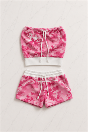 Camo Pembe Kamuflaj Straplez Şort Alt Üst Takım
