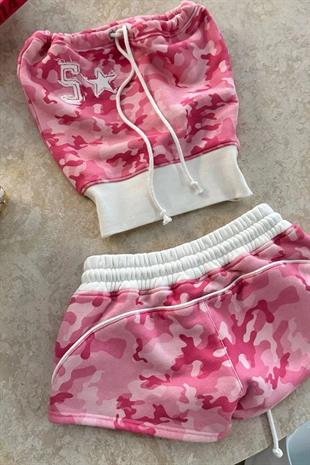 Camo Pembe Kamuflaj Straplez Şort Alt Üst Takım