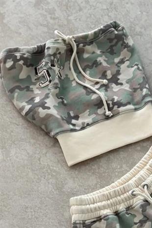 Camo Yeşil Kamuflaj Straplez Şort Alt Üst Takım