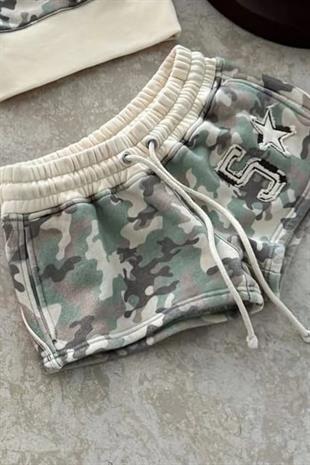 Camo Yeşil Kamuflaj Straplez Şort Alt Üst Takım