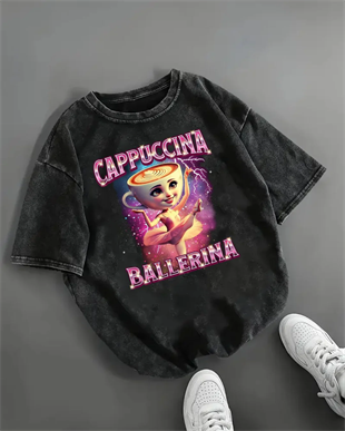 Cappuccino Ballerina Baskılı Yıkamalı Vintage Unisex Oversize T-Shirt