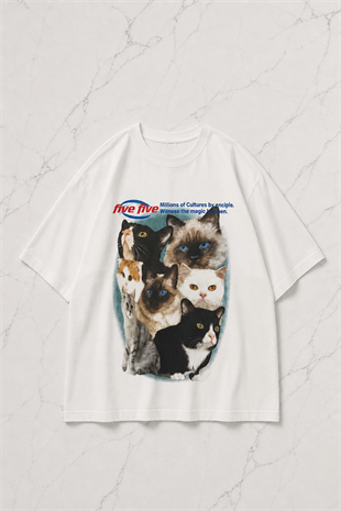 Cat Five Detaylı Oversize Unisex Beyaz T-shirt