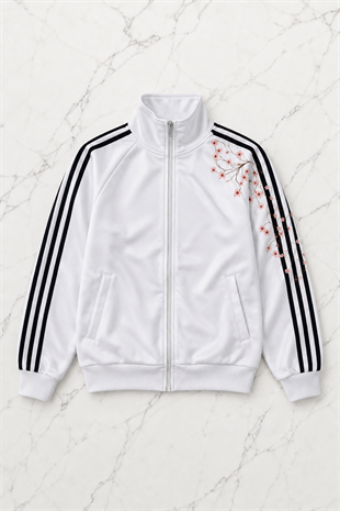 Çizgili Flower Beyaz Oversize Unisex Ceket