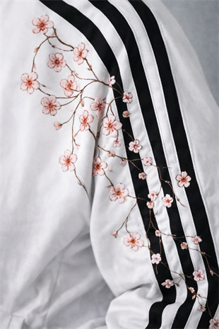 Çizgili Flower Beyaz Oversize Unisex Ceket
