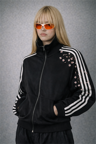 Çizgili Flower Siyah Oversize Unisex Ceket