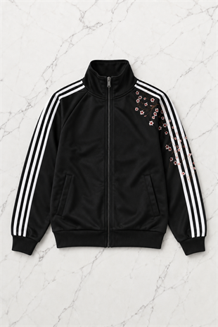 Çizgili Flower Siyah Oversize Unisex Ceket