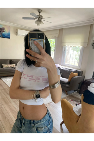 Cosmic Pembe Taş Baskılı Crop