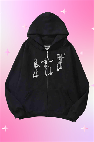 Dancing Skeleton Siyah Kapüşonlu Oversize Unisex Hırka