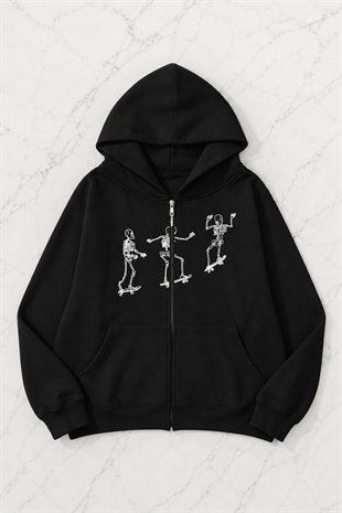 Dancing Skeleton Siyah Kapüşonlu Oversize Unisex Hırka