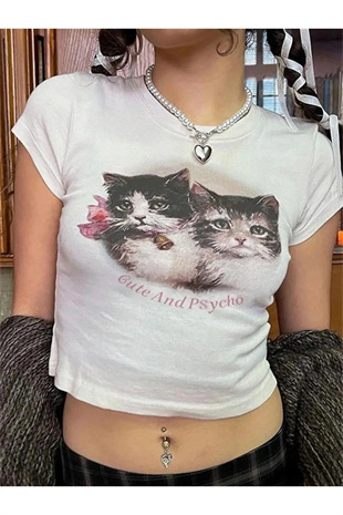 Cute Kitten Ribbed Baskılı Beyaz Crop