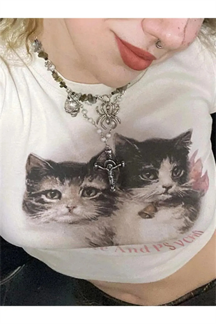 Cute Kitten Ribbed Baskılı Beyaz Crop